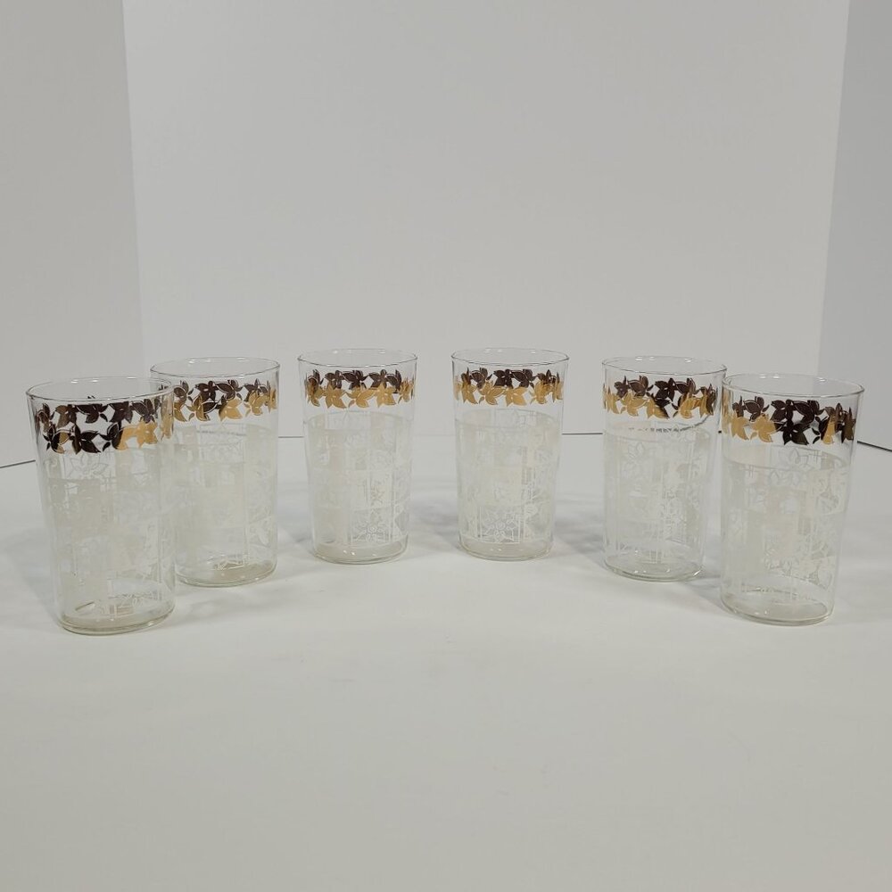 Vintage Hazel Atlas Mid Century Tumblers Gold Leaves White‎ Check Flowers Vases
